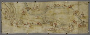 Bomuld MS Augustus I i 65 Kort over floden Trent og dens bifloder mellem Nottingham og Newark, ca. 1540 (pen og blæk med akvarel på papir) af English School