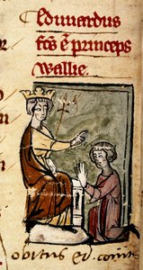 Cotton Nero D. II, f.191v Edward af Caernarvon (Edward II) skabte Prince of Wales og Earl of Chester af sin far, kong Edward I, i Lincolns parlament, 7. februar 1301, fra 