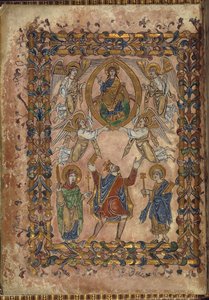 Bomuld Vespasian A. VIII, f.2v Edgar tilbyder charter til Kristus, illustration fra 