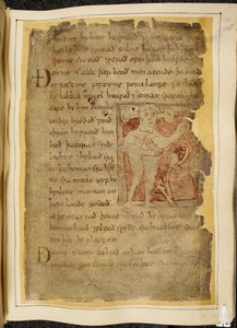 Cotton Vitellius A. XV f.104r, A panotii, dvs. en mand med ører, der rager ud på stilke, der holder en genstand, der ligner en sløjfe, illustration fra Beowulf, fra 