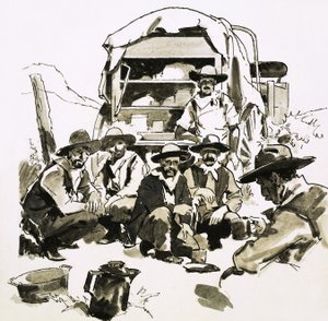 Cowboys samledes omkring en chuck-vogn af English School