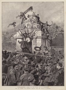 Folkemængder river sørgende emblemer ned fra statuen af Strasbourg på Place de la Concorde, Paris af English School