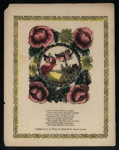 Amor og kvinde i en have omgivet af blomster, kærlighedsdigt (farvet gravering) af English School