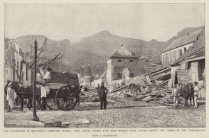 Mauritius-cyklonen i 1892 forårsagede skade på Rempart Street, Port Louis. af English School