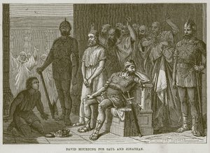 David sørger over Saul og Jonathan, illustration fra The Childs Bible, ca. 1880 af English School