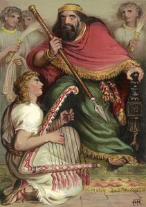 David spiller på harpe foran Saul af English School