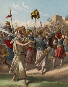 David vender tilbage fra nedslagtningen af filisteren (chromolitho) af English School