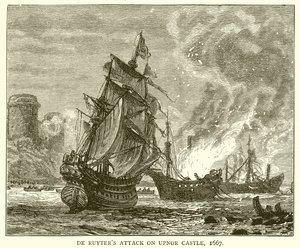 De Ruyters angreb på Upnor Castle, 1667 af English School