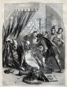 Cardinal Beatons død, 29. maj 1546 - Kardinal David Beaton (c1494-1546), ærkebiskop af St. Andrews, myrdet under den skotske reformation - indgravering fra "" History of England"" af Cassell Petter & Galpin, London (1890) af English School