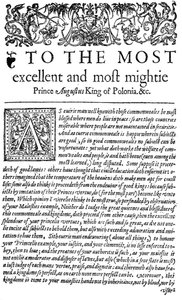 Dedikation til kongen af Polen Sigismund II Augustus I i The Counsellor, den første engelske oversættelse af Wawrzyniec Grzyma?a Go?lickis De optimo senatore, 1598 (tryk) af English School