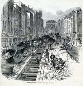 Uddybning af Fleet Street Sewer, London, 1845 af English School