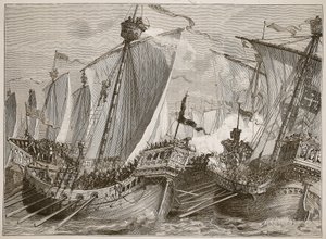 Nederlag for den franske flåde i Den Engelske Kanal, illustration fra Cassells Illustrated History of England (sepia foto) af English School