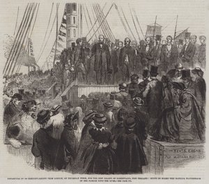 Afgang af 800 nonkonformister fra London torsdag uge til New Colony of Albertland, New Zealand, scene om bord på Matilda Wattenbach på hendes passage ned ad floden (gravering) af English School