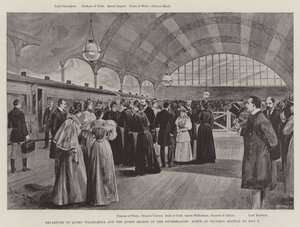 Dronning Wilhelminas og dronningens regents afgang, scene på Victoria Station den 9. maj (litho) af English School