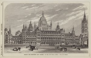 Design for Proposed Law Courts, af hr. EM Barry, ARA, View in the Strand (gravering) af English School