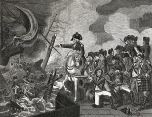 Ødelæggelse af pistolbådene før Gibraltar, indgraveret af H.Cook, 1816 af English School