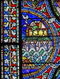 Detail eines der Bibelfenster, das Noah zeigt, wie er die Taube an der Arche willkommen heißt (Detail) von English School