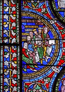 Detail eines der Bibelfenster, das die sechs Zeitalter der Welt zeigt (Detail) von English School