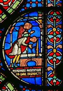 Detalje fra Miracle Window, der viser Eilward af Westoning, der takker ved Thomas Beckets grav af English School
