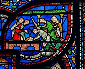 Detalje fra Miracle Window, der skildrer Richard Sunieves historie af English School