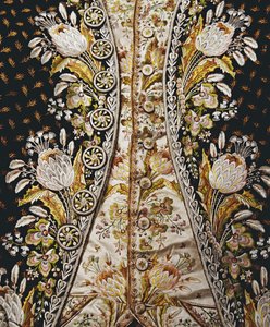 Detalje af en hel herredragt, bestående af frakke, vest og ridebukser, 1780
