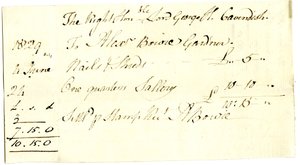 Devonshire MSS AS 3101, folio fra et bundt sedler afgjort af Pinder Simpson for Lord George Cavendish, inklusive Alexander Bowies seddel af English School