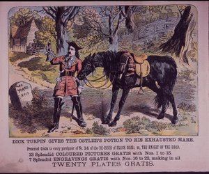 Dick Turpin med sin hest Black Bess på vej til York (farve litho) af English School