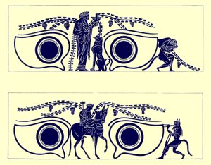 Dionysos, Hephaistos and Satyrs, illustration fra græske vasemalerier af J. E. Harrison og D. S. MacColl, udgivet 1894 (digitalt forbedret billede) af English School
