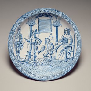 Fad med dronning Catherine siddende med en sko monteret af en knælende Cavalier, 1677 (tinglaseret lertøj) af English School