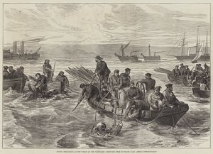 Dykkeroperationer ved the Wreck of the Vanguard, skitseret fra ombord på HMS Amelia Despatch-Boat (gravering) af English School