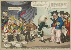 Doctor Boney_bringing the Powers to Pot, eller John Bull og hans venner temmelig generte, pub. 1808 (håndfarvet gravering) af English School