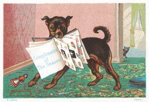 Hund med bog i munden, julekort af English School