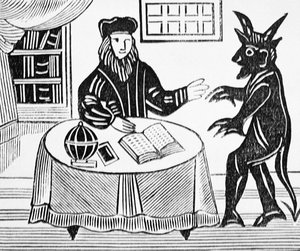 Dr. Faustus in Counsel with the Devil, fra Gents oversættelse af Dr. Faustus af Christopher Marlowe (1564-93) 1648 fra en samling kapbøger om esoterica af English School