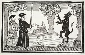 Dr. Faustus raiser the Devil, illustration fra Chap-books of the Eighteenth Century af John Ashton, pub. 1882 af English School