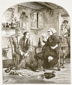 Dr. Johnson læser manuskriptet af Vicar of Wakefield, illustration fra Cassells Illustrated History of England (sepiafoto) af English School