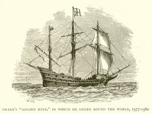 Drakes Golden Hind, hvor han sejlede jorden rundt, 1577-1580 af English School