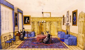 Stue interiør af et landsted, ca. 1830 (akvarel på papir) af English School
