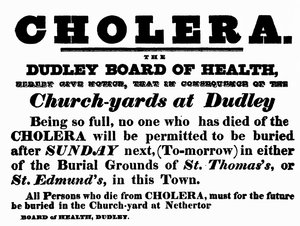 Dudley Board of Health-plakat, der annoncerer begravelsesproceduren for mennesker, der er døde af kolera, ca. 1840