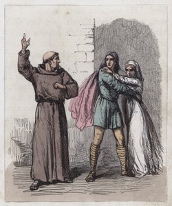 Dunstan bebrejder Edwy og Elgiva (farvet gravering) af English School