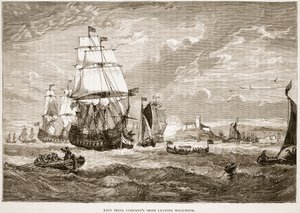 East India Company-skibe, der forlader Woolwich, illustration fra Cassell