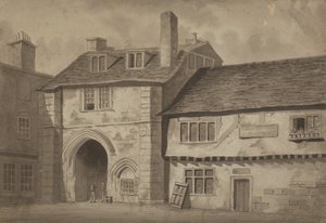 Østudsigt over porten til Abbey of St Saviour, Bermondsey, ca. 1825 (pen, blyant og vask på papir) af English School