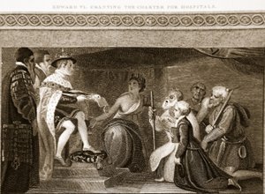 Edward VI giver Charter for Hospitaler, illustration fra David Humes The History of England, pub. af R. Bowyer, London, 1812 88: af English School