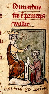 Edward af Caernarvon [Edward II] skabte Prince of Wales og Earl of Chester af sin far, kong Edward I, ved Lincoln-parlamentet, illustration fra 