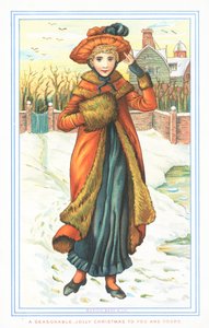 Elegant dame i sne, julekort af English School