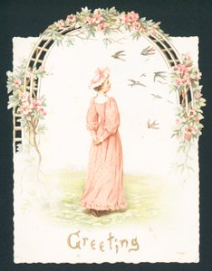 Elegant dame stående under buegang, julekort af English School
