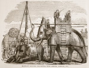 Elefant udstyret til kamp, med rustning, howdah osv., illustration fra Cassells Illustrated History of India af James Grant, pub. 1879 af English School
