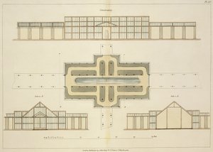 Forhøjninger og grundplan af et drivhus, fra Hints on the Formation of Gardens and Pleasure Grounds af John Claudius Loudon (1783-1843) udgivet 1812 af English School