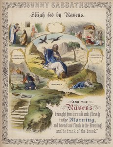 Elias fodres af ravne (farvet indgravering) af English School