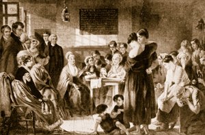 Elizabeth Fry læser i Bibelen i et fængsel af English School