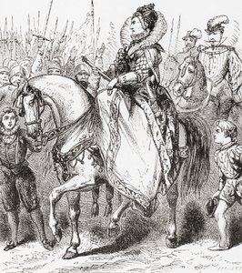 Elizabeth I inspicerer sine tropper ved Tilbury Port, 1588, fra Ward and Locks Illustrated History of the World, pub. ca. 1882 af English School